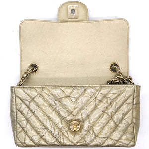 Patent Metallic Crumpled Calfskin Chevron Quilted Mini Rectangular Flap Gold