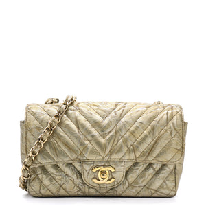 Patent Metallic Crumpled Calfskin Chevron Quilted Mini Rectangular Flap Gold
