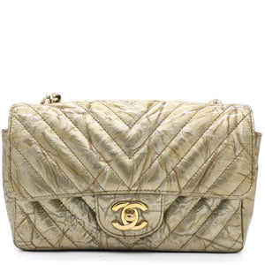 Patent Metallic Crumpled Calfskin Chevron Quilted Mini Rectangular Flap Gold