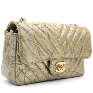 Patent Metallic Crumpled Calfskin Chevron Quilted Mini Rectangular Flap Gold