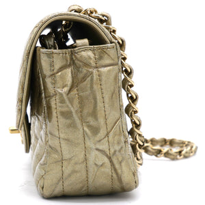 Patent Metallic Crumpled Calfskin Chevron Quilted Mini Rectangular Flap Gold