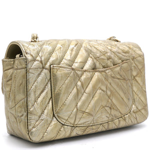 Patent Metallic Crumpled Calfskin Chevron Quilted Mini Rectangular Flap Gold