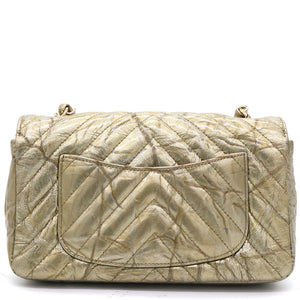 Patent Metallic Crumpled Calfskin Chevron Quilted Mini Rectangular Flap Gold
