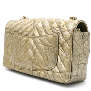 Patent Metallic Crumpled Calfskin Chevron Quilted Mini Rectangular Flap Gold