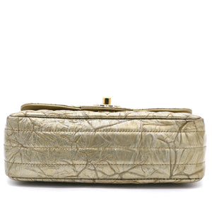 Patent Metallic Crumpled Calfskin Chevron Quilted Mini Rectangular Flap Gold