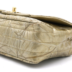 Patent Metallic Crumpled Calfskin Chevron Quilted Mini Rectangular Flap Gold