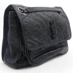Black Aged Leather Large Niki Shoulder Bag