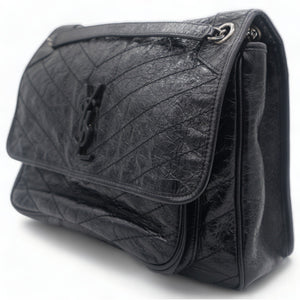Black Aged Leather Large Niki Shoulder Bag