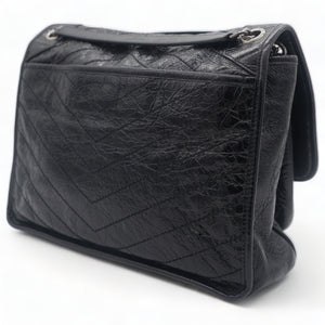Black Aged Leather Large Niki Shoulder Bag