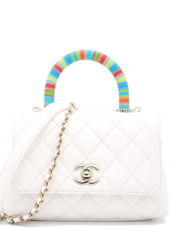 White Caviar Leather Mini Coco Top Handle Bag