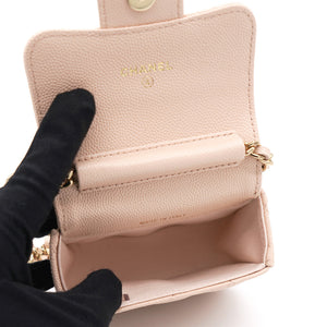 Pink Beige Quilted Caviar Leather Flap Card Holder with Chain