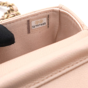 Pink Beige Quilted Caviar Leather Flap Card Holder with Chain