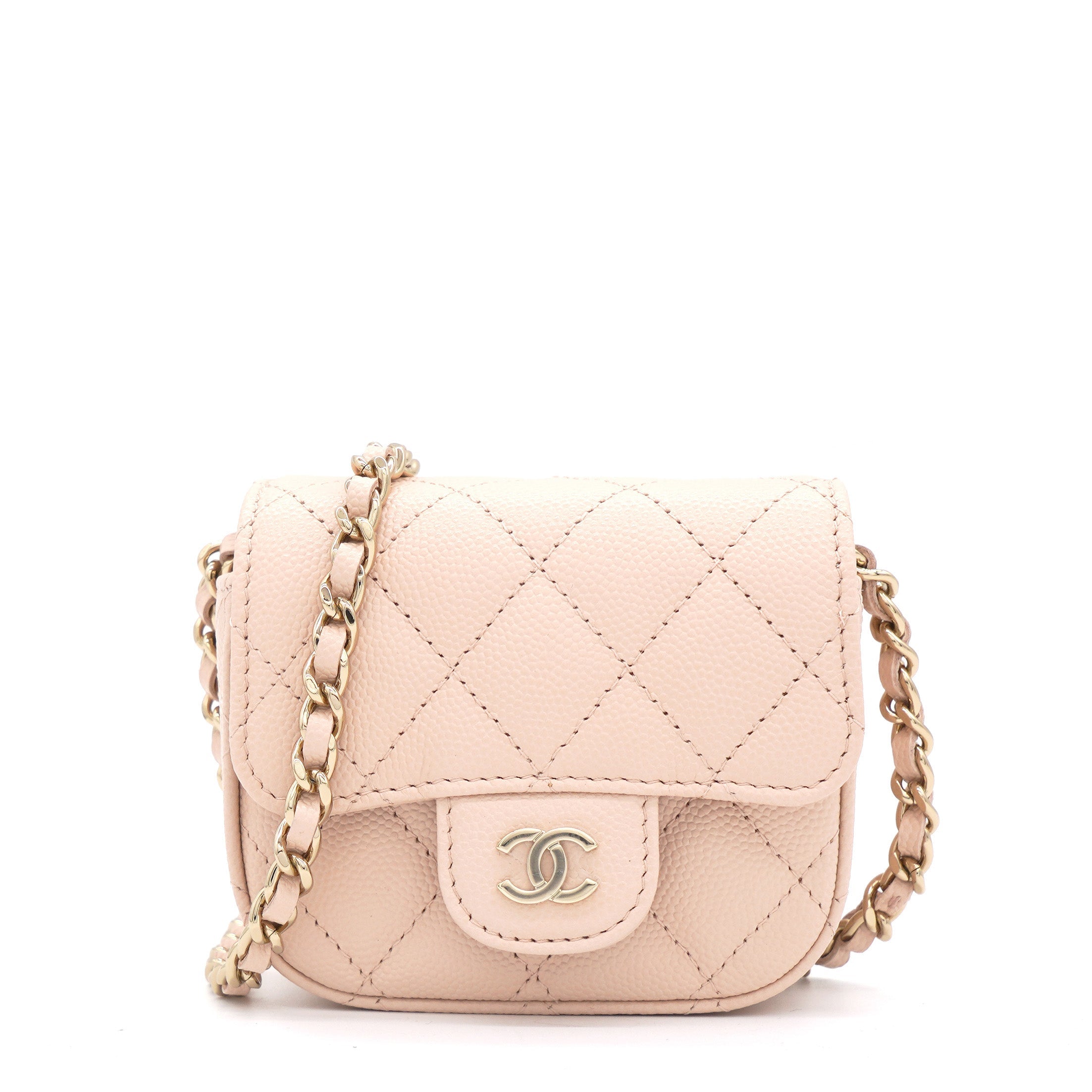 Pink Beige Quilted Caviar Leather Flap Card Holder with Chain