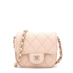Pink Beige Quilted Caviar Leather Flap Card Holder with Chain