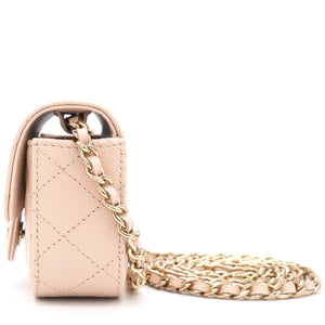 Pink Beige Quilted Caviar Leather Flap Card Holder with Chain