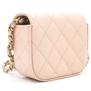 Pink Beige Quilted Caviar Leather Flap Card Holder with Chain