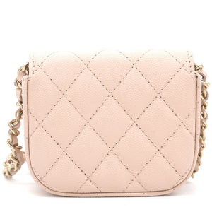 Pink Beige Quilted Caviar Leather Flap Card Holder with Chain