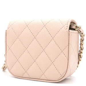 Pink Beige Quilted Caviar Leather Flap Card Holder with Chain