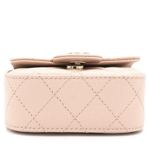 Pink Beige Quilted Caviar Leather Flap Card Holder with Chain