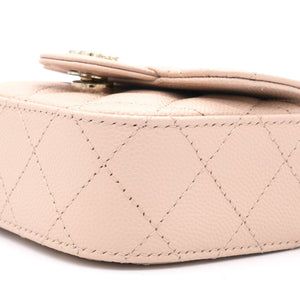 Pink Beige Quilted Caviar Leather Flap Card Holder with Chain