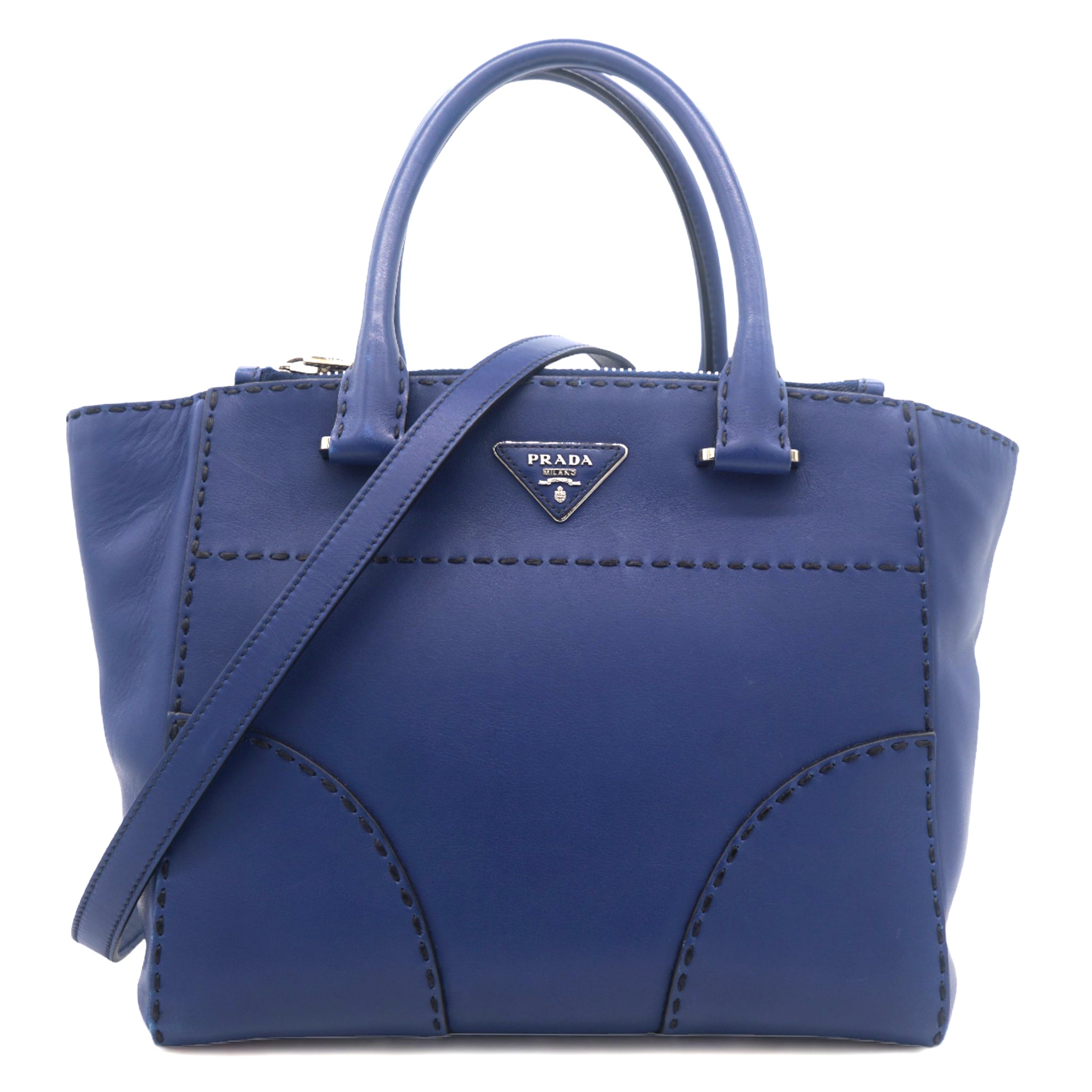 Vitello Twin Pocket Satchel Bag Bluette