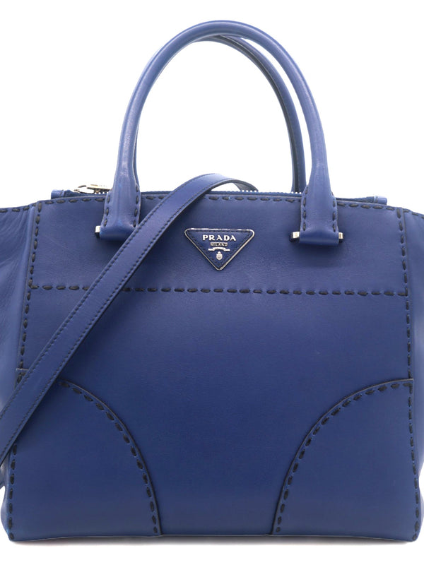 Vitello Twin Pocket Satchel Bag Bluette