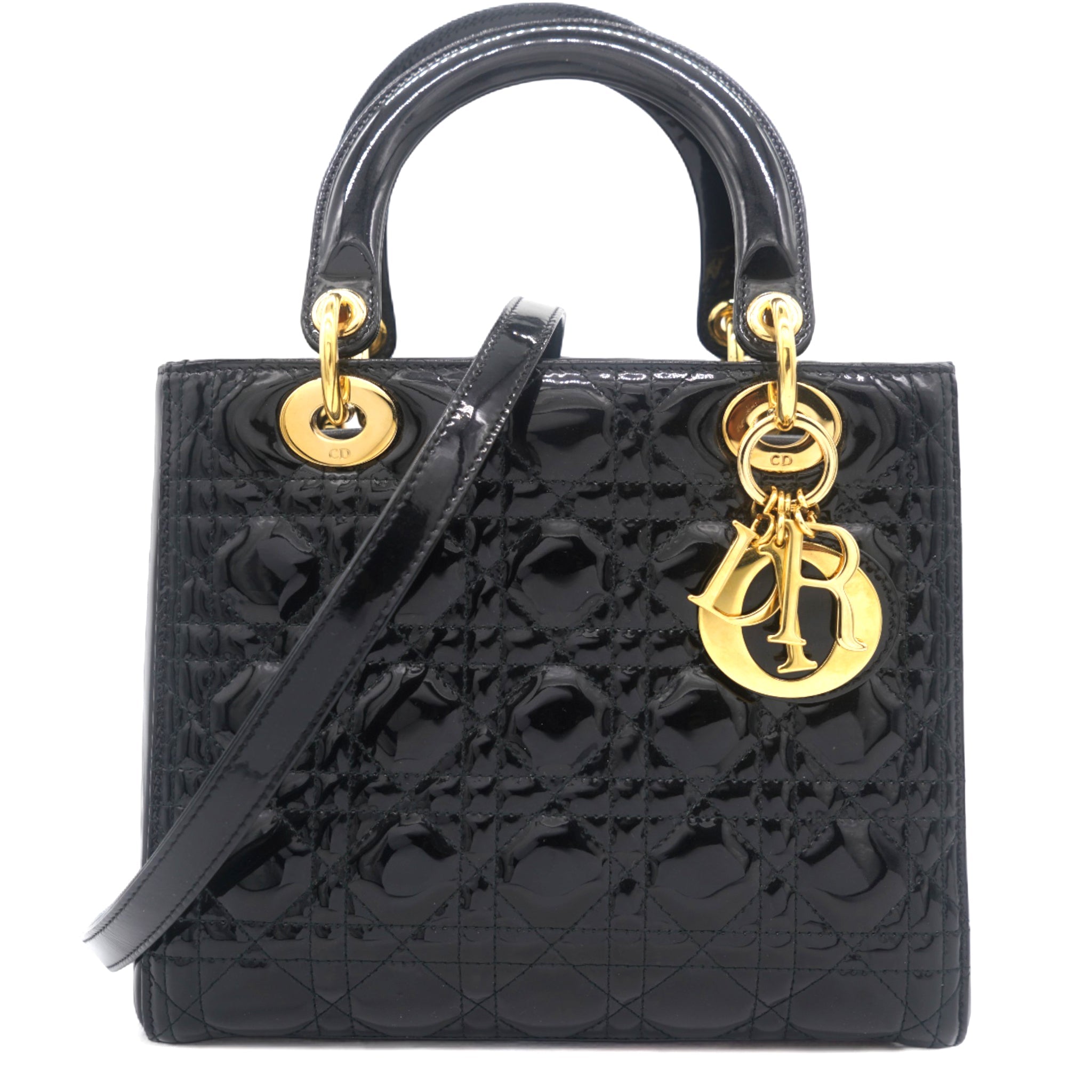 Black Cannage Patent Leather Medium Lady Dior Tote