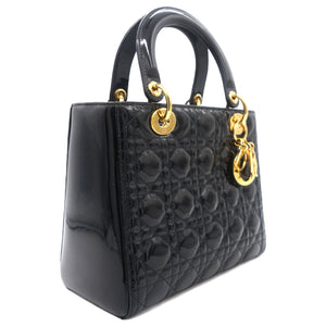 Black Cannage Patent Leather Medium Lady Dior Tote
