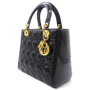 Black Cannage Patent Leather Medium Lady Dior Tote