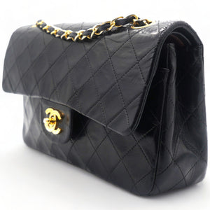 Vintage Black Quilted Lambskin Leather Classic Small Double Flap Bag