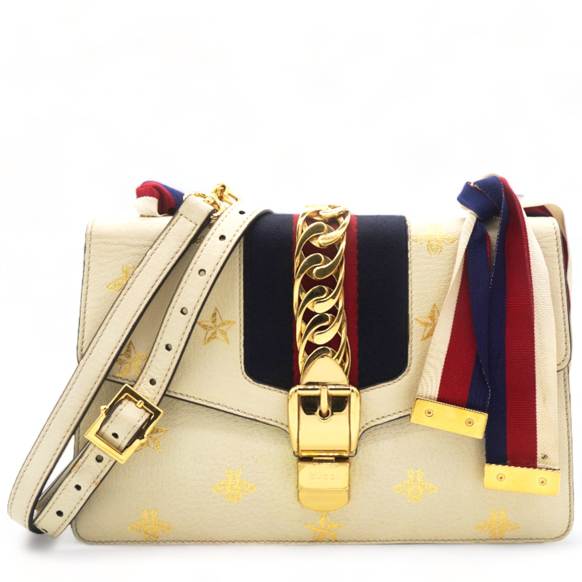 Textured Calfskin Bee Star Print Small Sylvie Shoulder Bag Mystic White