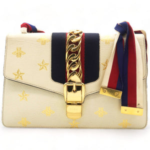 Textured Calfskin Bee Star Print Small Sylvie Shoulder Bag Mystic White