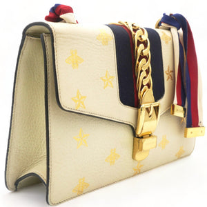 Textured Calfskin Bee Star Print Small Sylvie Shoulder Bag Mystic White