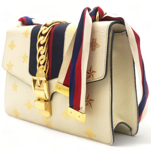 Textured Calfskin Bee Star Print Small Sylvie Shoulder Bag Mystic White
