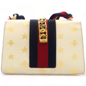 Textured Calfskin Bee Star Print Small Sylvie Shoulder Bag Mystic White