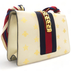 Textured Calfskin Bee Star Print Small Sylvie Shoulder Bag Mystic White