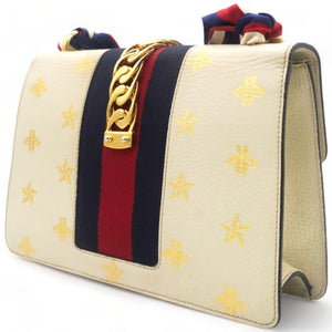 Textured Calfskin Bee Star Print Small Sylvie Shoulder Bag Mystic White