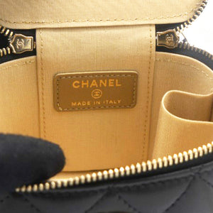 Lambskin Quilted Mini Pearl Crush Vanity Case with Chain Black