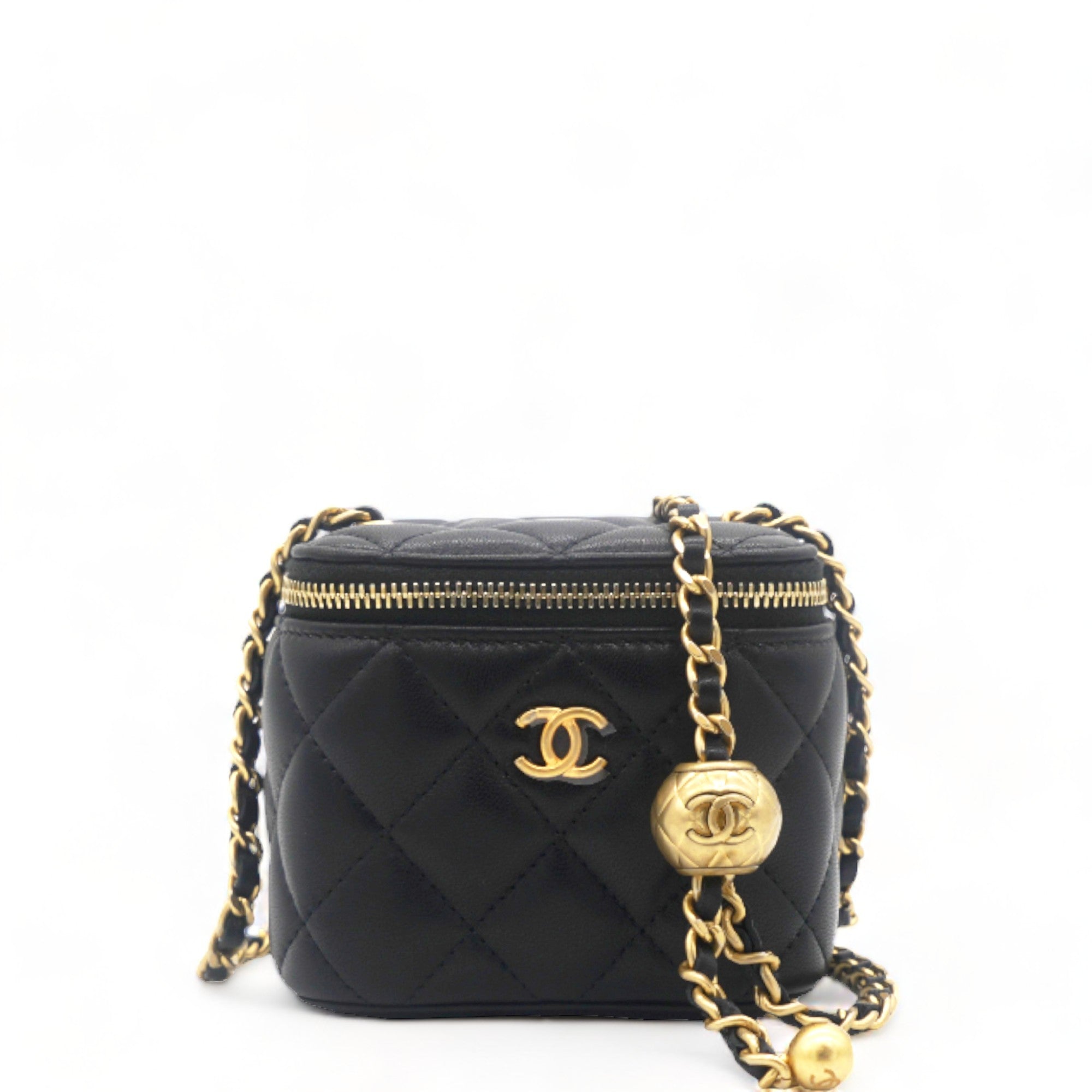 Lambskin Quilted Mini Pearl Crush Vanity Case with Chain Black