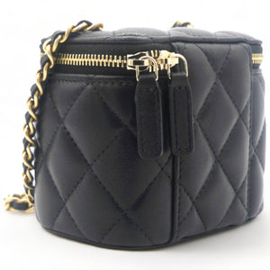 Lambskin Quilted Mini Pearl Crush Vanity Case with Chain Black