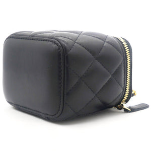 Lambskin Quilted Mini Pearl Crush Vanity Case with Chain Black