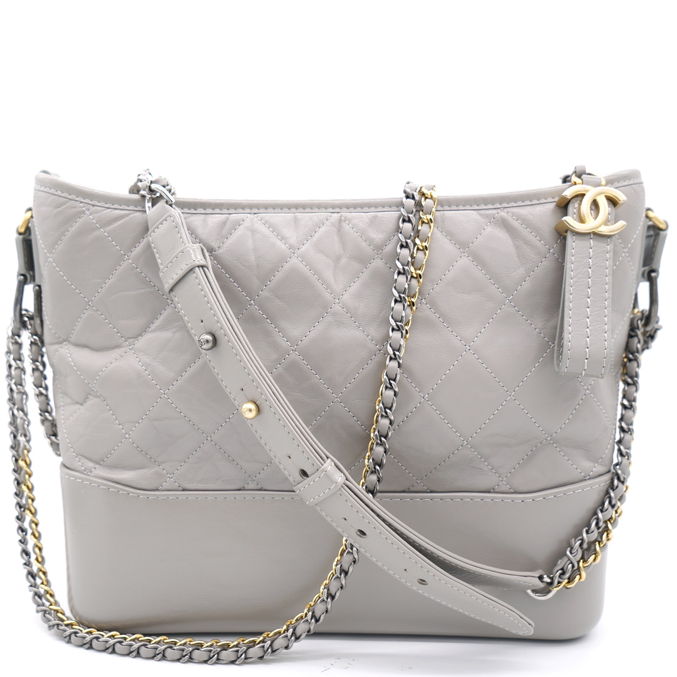 Grey Quilted Aged Calfskin Leather Gabrielle Hobo Bag