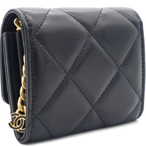 Black Quilted Lambskin Leather cc Enamel Card Holder with Chain
