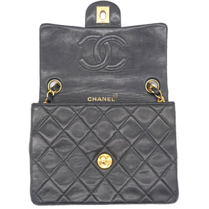 Vintage Black Quilted Leather Mini Square Classic Flap Bag