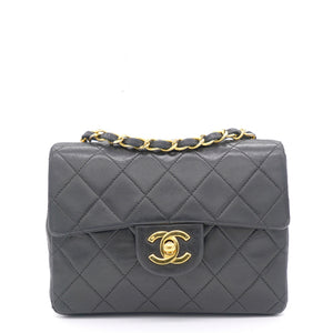 Vintage Black Quilted Leather Mini Square Classic Flap Bag