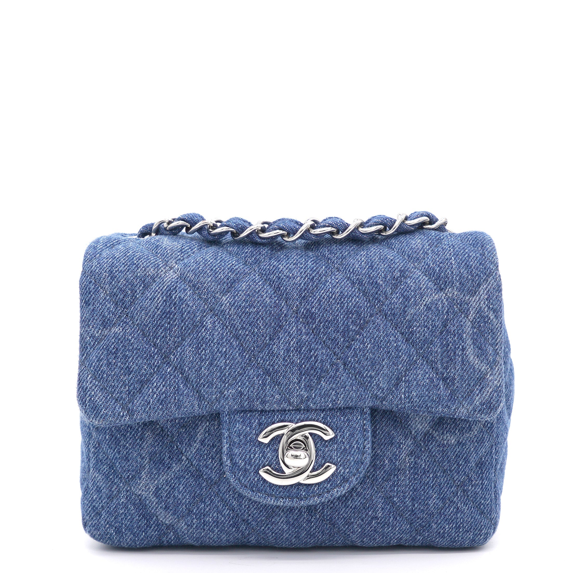Blue Quilted Denim Mini Square Classic Flap Bag