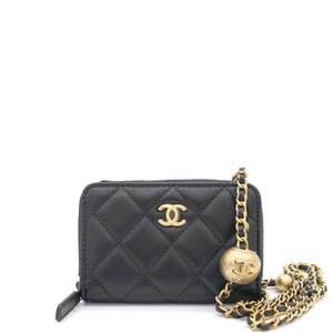 Black Lambskin Leather CC Zip Around Purse with Gold Ball Chain