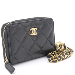 Black Lambskin Leather CC Zip Around Purse with Gold Ball Chain
