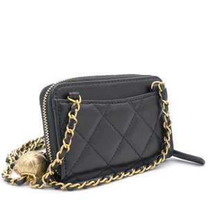 Black Lambskin Leather CC Zip Around Purse with Gold Ball Chain
