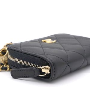 Black Lambskin Leather CC Zip Around Purse with Gold Ball Chain